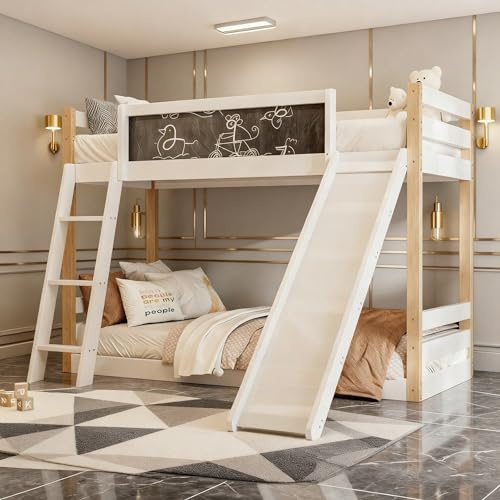 Våningssäng för 90 x 200 och 90 x 190 cm madrasser | med rutschkana och trappor | 4-sidigt skyddsgaller och EN747-certifiering | Trä + PB-ram | artikel: W1880S0036