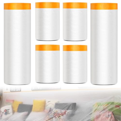 QGGTQG 6 Stück Abdeckfolie mit Klebeband, Transparent Abdeckfolie, Abdeckfolie Klebeband mit Folie, Abdeckfolie Maler, für Möbel, Fußböden, Autos, Haushaltsgeräte und Wänden Staub und Spritzschutz