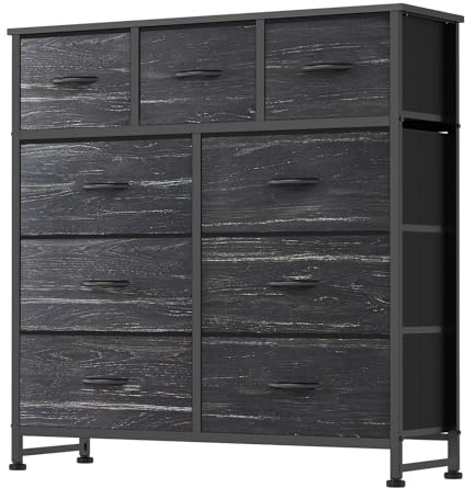 DUMOS 9 Drawer Dresser for Bedroom, Fabric Storage Organizer with Sturdy Metal Frame, Wooden Top Chest of Drawers for Closet Entryway Guest Room,Black Wood