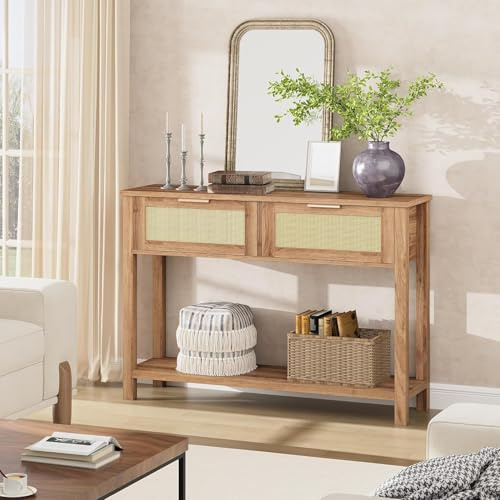 Garvee Table Console à 2 Niveaux, Meuble d’Entrée, Table d'appoint avec 2 Tiroirs en Rotin et Étagère de Rangement, pour Couloir Chambre Salon