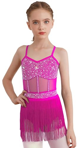 inlzdz Body da Ballo Latino Americano Bambina con Nappa Paillettes Body Danza Classica Leotards da Balletto Abito da Pattinaggio Artistico Performance Rosa Scuro 11-12 Anni