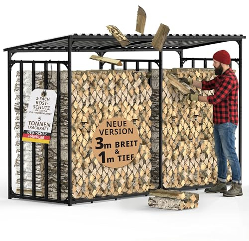 LAWA Living and Lifestyle Kaminholzregal aussen Metall Dach 300x105x185cm | für 1m I 33cm I 25cm Brennholz, verzinkt, wetterfest, 3m Feuerholz Garten Regal für draußen, Holzunterstand, 5m³ Stapelhilfe