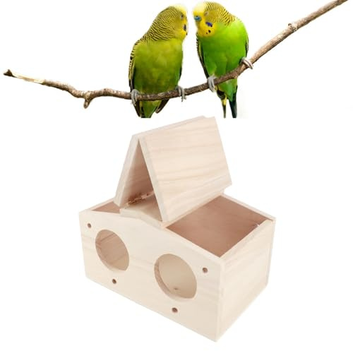 BTOSEP Wooden Bird House, Log Cabin Design with 2 Hole Doors for Ventilation, Safe Shelter for Parrots Swallows Wild Birds, Made of Platane Wood, Size 23x12.9x12.5cm