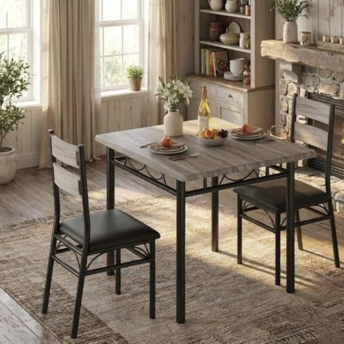 Garvee Mesa y Sillas de Comedor Set con 2 Sillas, Juego de Muebles de Comedor, 70 * 70 * 76cm Madera MDF y Metal, Mueble para Cocina, Gris + Negro