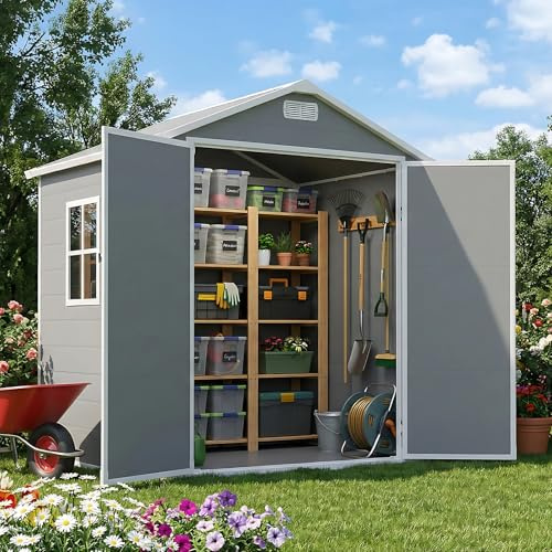 Larbanke 183 x 122 cm, capanno per attrezzi da esterno con finestra, casetta da giardino in resina sintetica con fori di scarico del tetto e pavimento, resistente alle intemperie, con porta