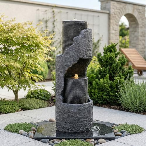 Fontana da giardino con illuminazione a LED e pompa dell'acqua potente, grande fontana effetto pietra, per giardino, terrazza, balcone, esterno, fontana da interni, colore grigio