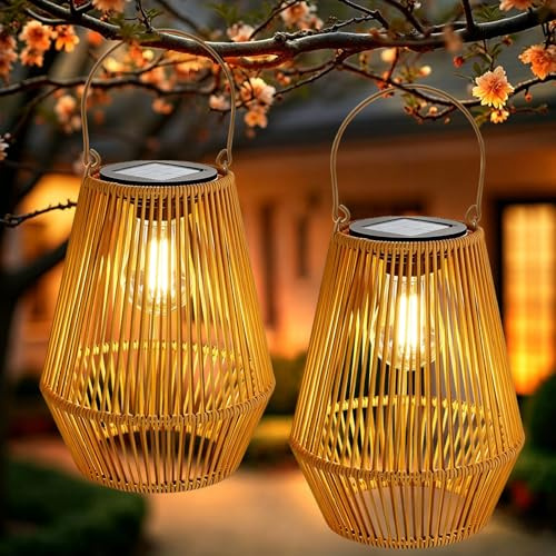 2 Stück Solar Laternen für Außen,Garten Solarlampen für Außen Hängend,Geflochtene Laterne aus Naturfaser,Solarlampen in Rattan Boho Stil,Gartendeko für Draußen für Draußen,für Garten, Balkon