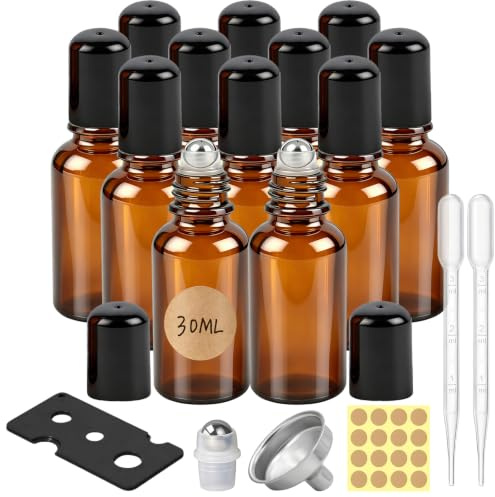 Dotilili 12 Piezas 30ml Marrón Botellas Rollon, Rellenable Perfume Roll On Cristal con Roll-on Bola de Acero Inoxidable, Botellas de Vidrio para Aceites Esenciales, Masajes, Perfumes, Aromaterapia