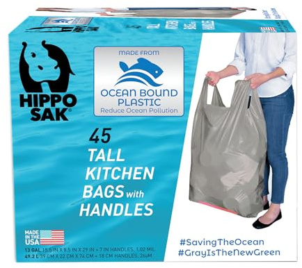 Hippo Sak - Tall Kitchen Garbage Bags with Ergonomic Handles - 13 Gallon Trash Bags Made from Recycled Ocean Bound Plastic - Super Strong and Leak Proof Tall Kitchen Trash Bags (45 Count)