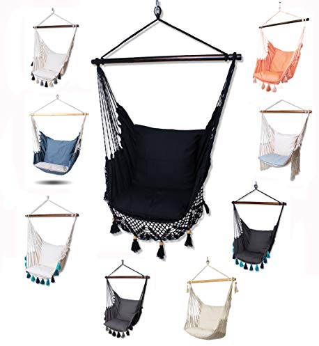 HOBEA-Germany Hängesessel, Vintage Hängestuhl Boho-Look, Hängeschaukel Uni schwarz Makramee