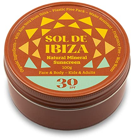 Sol De Ibiza - Protector Solar Mineral SPF30 - Cara & Cuerpo - Ingredientes Naturales - Óxido de Zinc Non Nano - Vegano - Resistente al agua - Adultos & Niños - 100g - NUEVA TEXTURA CREMOSA