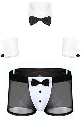 TiaoBug Herren Butlers Stripper Kostüm für Männer Strip Sexy Stripkostüm Stripperkostüm Set aus Fliege, Hosenträger, Unterhose und Armbänder Modell A L