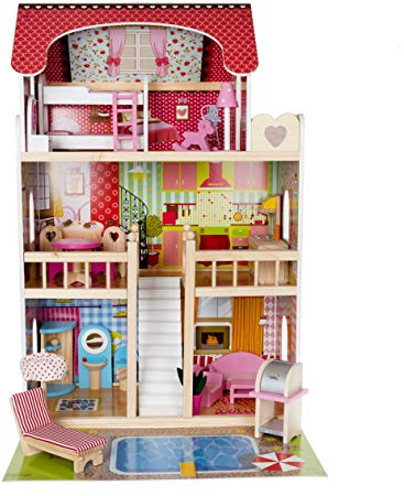 KRUZZEL XXL Puppenhaus aus Holz 90 cm mit LED-Beleuchtung – 3 Etagen, 5 Zimmer + Balkon, 15 Möbelteile – Holz Puppenvilla für Mädchen & Kinder ab 3 Jahren – großes Spielhaus als Geschenk