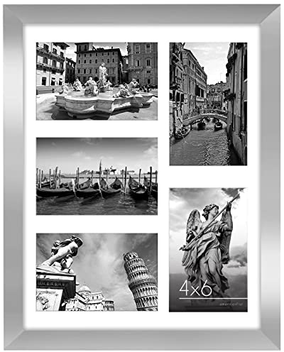 Americanflat 6x4 Collage Photo Frame with Shatter-Resistant Glass - Signature Collection - Fits Five 4x6 Photos or Use as One 11x14 Picture Frame for Wall Display - Silver