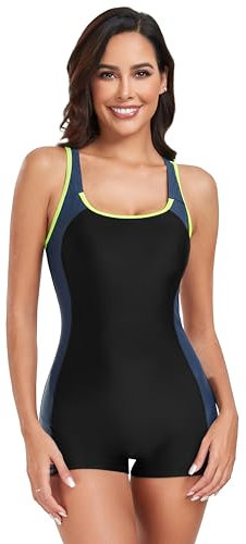 BEACHKINI Costume Intero Donna Aperto sul Retro, Costume da Bagno Competitivo, Nero Grigio, EU 42