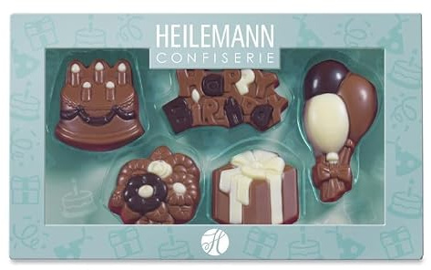 Heilemann Schokoladen-Figuren Themenpackung, Geschenkpackung Edelvollmilch, 100 g (Geburtstag) | aus cremiger Vollmilchschokolade, liebevoll verziert mit weißer und Zartbitterschokolade, Perfekt als Geburtstagsgeschenk