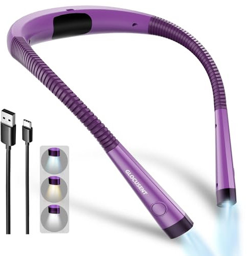 Glocusent Leselampe Hals, Leselampe Bett mit 3 Farben & 6 Helliggkeitsstufen, Nackenlampe Wiederaufladbar 80 Stunden Dauer, Biegbare Arme, Leselicht für Lesen Stricken Camping Nähen Reparieren