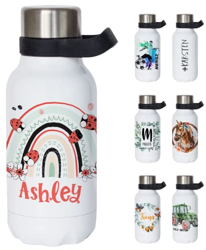 GRAZDesign Thermosflasche mit Henkel - Trinkflasche personalisiert mit Namen, auslaufsicher, BPA-frei, Edelstahl, Kohlensäure geeignet (Regenbogen, 550ml)