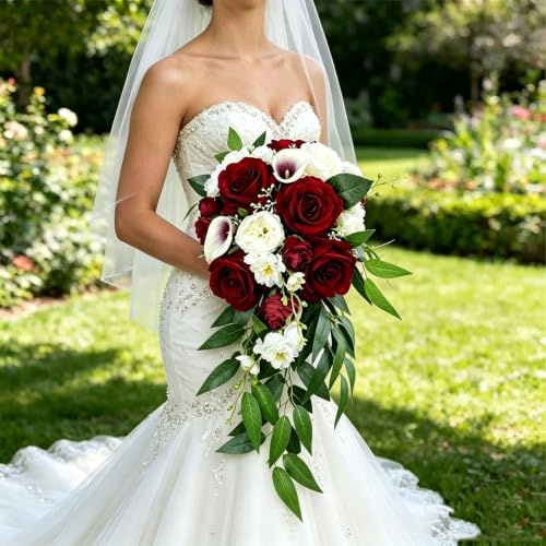 EUBUY Wedding Bouquets for Bride, 10 Inch White Wine Red Calla Lily and Rose Artificial Toss Bouquet Wedding Outdoor Rustic Waterfall Cascading Bridal Bouquets for Wedding Ceremony and Anniversary