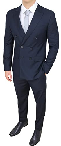 Completo Abito Uomo Sartoriale Doppiopetto Foderato Vestito Elegante Cerimonia (48, Blu Scuro)