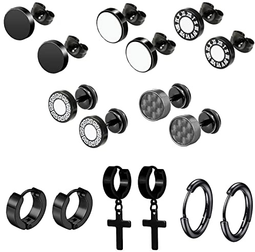 Epoch World 8 Paires Acier Inoxydable Boucles d'oreilles Homme Noir Boucles d'oreilles Femme Pendantes Boucles d oreilles Anneaux Homme Boucles d'oreilles Creoles Clous d'oreilles