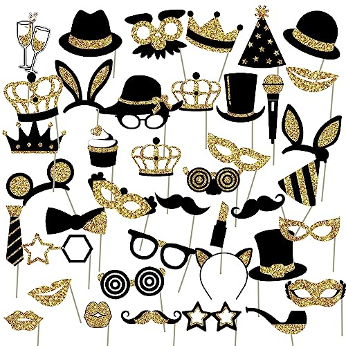 40 Stück Ball-Selfie-Requisiten, Foto-Requisiten für Geburtstagsfeier, Schwarz und Gold für Erwachsene und Kinder, Hochzeitsfeier