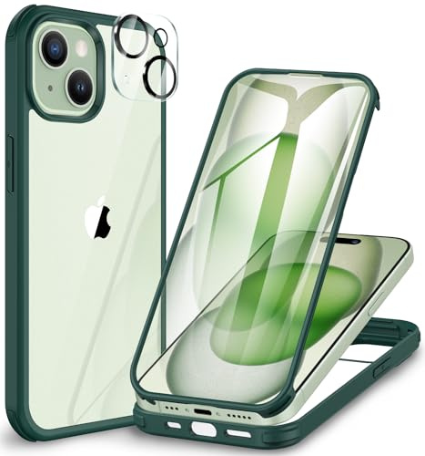 CENHUFO Compatible with iPhone 15 Case Built-in Glass Screen Protector with Camera Lens Protector, 360°Full Body Heavy Duty Protective Phone Cover for iPhone 15 Case Shockproof -Dark Green