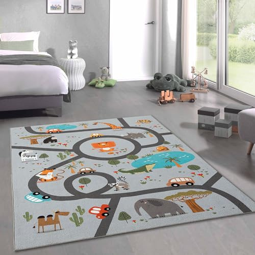 CARPETIA Kinderteppich Teppich Kinderzimmer Spielteppich rutschfest pflegeleicht Safari Straße grau groß 240 x 340 cm