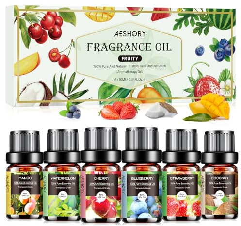 AESHORY Fruttato Oli Essenziali per Diffusori 6 x 10ML, Set di Olio Essenziale Naturale Puri al 100% per Aromaterapia, SPA, Massaggio, Bagno - Fragola, Mirtillo, Ciliegia, Cocco, Anguria, Mango