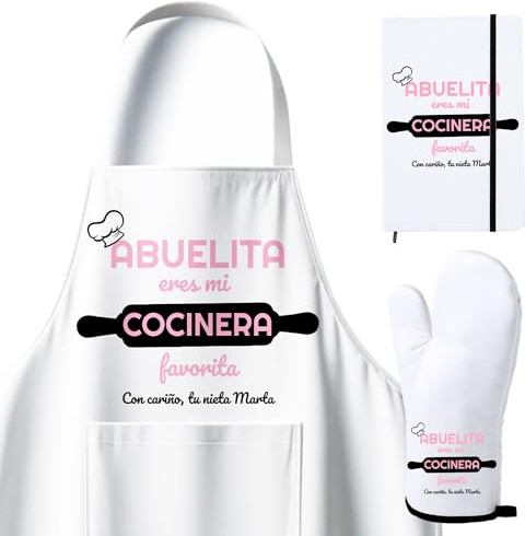 Kembilove Regalo Dia de la Madre - Pack Dia de la Madre Personalizado - Delantal Cocina - Manoplas Horno - Recetario - Regalos para Abuela - Abuelita Eres mi cocinera Favorita