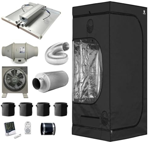 Green Spirit Growzelt Komplettset 120x120x200 cm - 320W LED Grow Lampe dimmbar, Classic XL, für 4 Pflanzen, Belüftungssystem, Hygrometer, Stofftöpfe - Grow Komplett Set Zelt Schrank Box Wachstum
