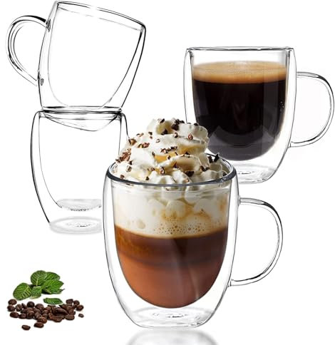 Hcojoul Clear Coffee Mugs Set of 4, Double Walled Glass Coffee Mugs, 350ML Glass Tea Cups with Handles, Insulated Coffee Mug for Latte, Espresso, Cappuccinos, Blacktea, Hot/Cold Drink