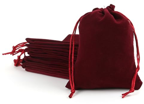 YIEMI 12 stycken sammetspåsar med dragsko lyxiga presentpåsar för smycken kosmetika bröllopspresenter (vinröd, 10 x 15 cm)