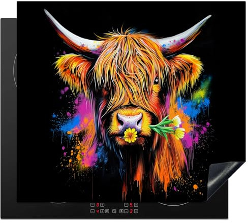 KitchenYeah© Herdabdeckplatte Einteilig Ceranfeld Abdeckplatte Küche Deko | 60x52 cm - Ceranfeldabdeckung Herdabdeckung Induktionsmatte Schottische Hochlandrind - Graffiti - Farbenfroh - Blume - Kuh