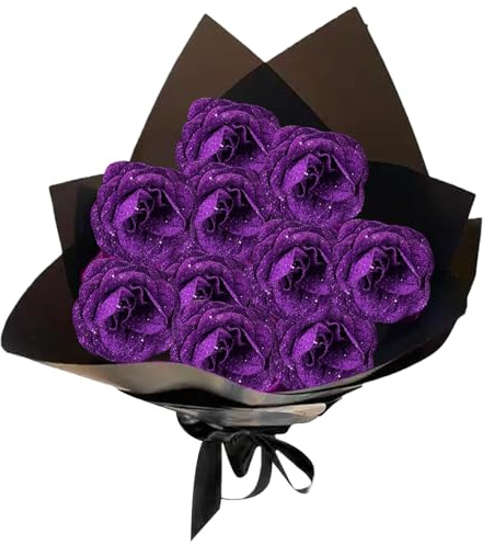 Stibzeup Glitzer Rosen Bouquet 1 Set Realistische künstliche Rosenbouquet -Set umfasst 10 Rose, 10 Stiel, 2 Packpapier und 2 Band Romantische Everlastende Blumenstrauß für Hochzeit, Valentine, Lila