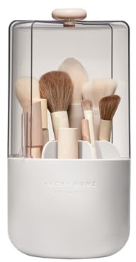 EACHY Makeup Brush Holder 360° Rotating with Dustproof Lid, Waterproof Material, 7 Compartments for Organized Storage, Stylish and Durable Design for Vanity (White)