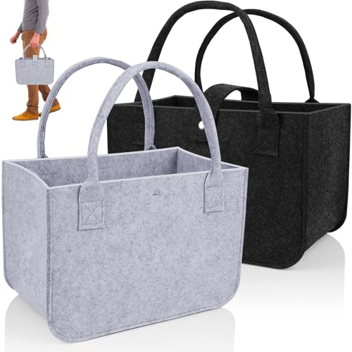 PUWOWYE 2 Pièces Sac de Courses en Feutre 30x20x18cm, Pliable Panier en Feutre, Grand Sac en Feutre Avec Anse pour Bois de Cheminée, Jouets, Vêtements, Shopping, 39x26x20cm, Noir & Gris Clair