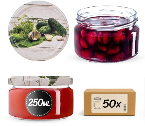 KADAX Lot de 50 petits bocaux à confiture avec couvercle, hermétiques, pour miel et épices, 250 ml, mini bocaux pour miel et épices (concombres, 50 pièces)
