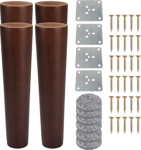 KINDPMA 20cm/8inch Solid Wood Furniture Legs Set of 4 Wooden Sofa Legs Chair Legs Table Leg Walnut Furniture Replacement Feet with Mounting Plates Screws Non-Slip Mat for Bed Couch Bench TV Cabinet