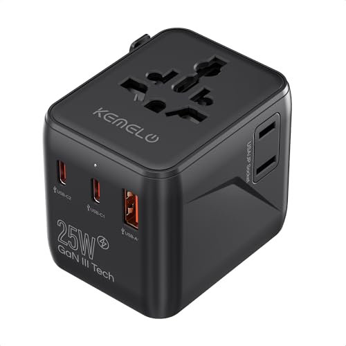 25W Adattatore Universale da Viaggio,5 in 1 Presa Universale da Viaggio con 1 USB A,2 USB C,1 Universale Presa,1 US/JP Presa,Adattatore Spina Internazionale per Italia UK US Australia Tailandia