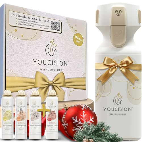 YOUCISION® 3-in-1 Duschschaum Spender – individuell mischbar & nachfüllbar – vegan, hautfreundlich & nachhaltig – Made in Germany – mit 4 Kartuschen (Starter-Set, Duftreise Starter-Set)