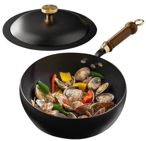 Chinesischer Wok | Uncoated Hand Forged Big Belly Pot | Eisentopf | Bratpfanne | Suppentopf | Antihaft-Wok mit Holzgriff und deckel | Vielseitiges Kochen Geeignet für Induktion, Elektro und Mehr, 20cm