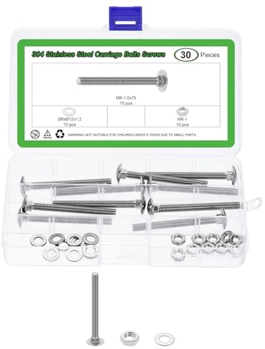 sourcing map Set di 10 bulloni e dadi a testa tonda, M6-1,0 x 70, in acciaio inox 304, con testa tonda quadrata, viti e dadi esagonali e rondelle piatte, argento