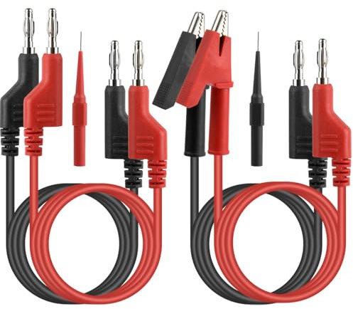 Multimeter Test Leads Set 4mm, 2pcs Banana Plug to Crocodile Clips Electrical Alligator Test Leads, 2pcs Double Ended Banana Plug 1m Test Lead with 2 Probes for Digital Multimeter 1000V 15A Red+Black