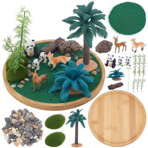 WEBEEDY Jardin Zen Japonais pour Bureau Kit de Mini Jardin Zen de Bureau avec Thème de Panda et Sable Arbres Artificiels Ornements Décoratifs Animaux pour la Maison Ou Le Bureau Plateau Rond de 15cm