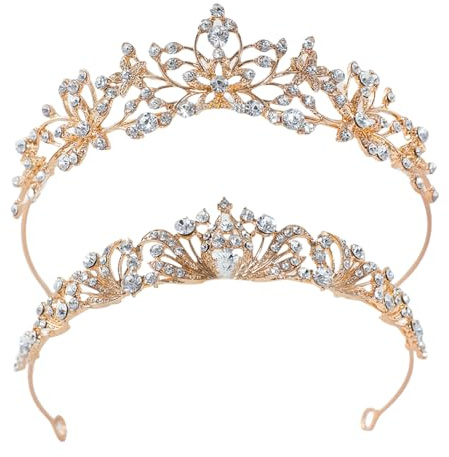 XFSRG 2 Stück Krone Damen Kristall Diadem Elegant Crown mit Glitzernden Strasssteinen für Geburtstage Hochzeiten und Abendessen (Gold)