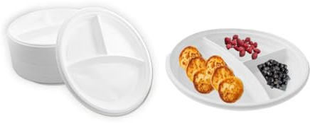 Lauroo 100 Stück Mehrweg-Menüteller 3-geteilt – Ø22 cm Plastikteller | BPA-freier Kunststoff | Spülmaschinengeeignet | Stapelbar | Plastikgeschirr