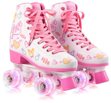 METROLLER Classic Roller Skates Girls Women's Quad Skates with Light up Wheels, High-top PU Leather Indoor Recreational Skates