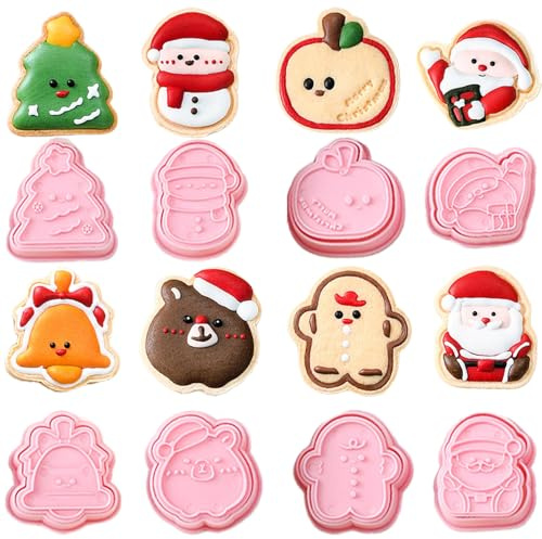 AYNKH Christmas Cookie Cutter, 8 Pcs Emporte-Piece Noel, 3D Pressable Christmas Cookie Stamp-Gingerbread Man, Reindeer, Snowman, Cane, Snowflake, Christma Tree, Santa for Cookie Baking
