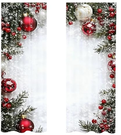 2 Stück Weihnachten Vorhänge, Luxuriös Weihnachtsgardinen mit Kugelmotiv, Weihnachtsduschvorhang Rot Silber Glocken Weihnachtszweig Weihnachtsthemen Badezimmerdekoration (75x165cm/29.5x65inch)